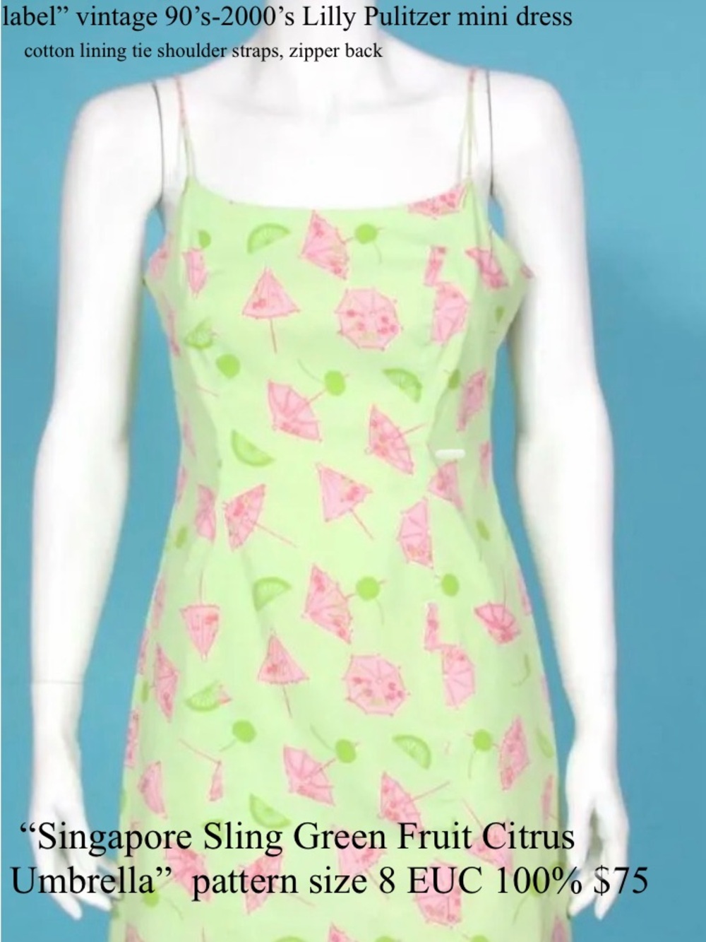 Lilly Pulitzer VINTAGE Singapore Sling Green Slip Dress with Pink Umbrella Print